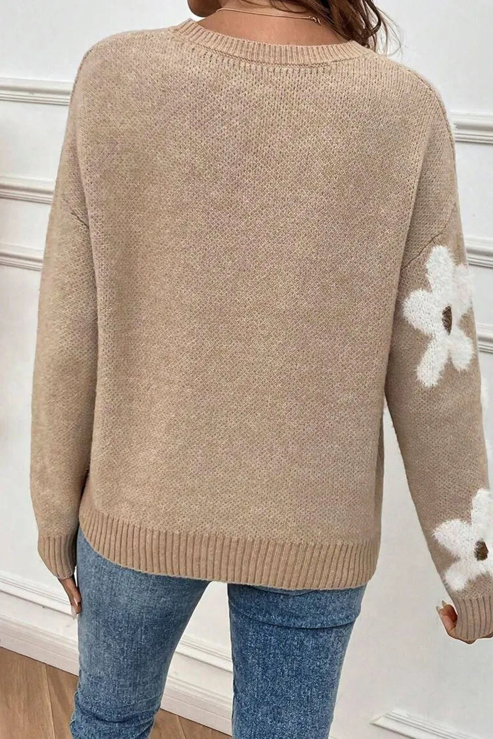 Flower Round Neck Long Sleeve Sweater