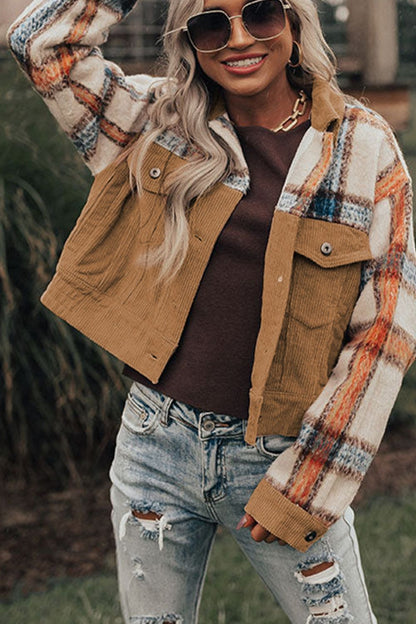 Plaid Corduroy Flap Pockets Button Up Jacket