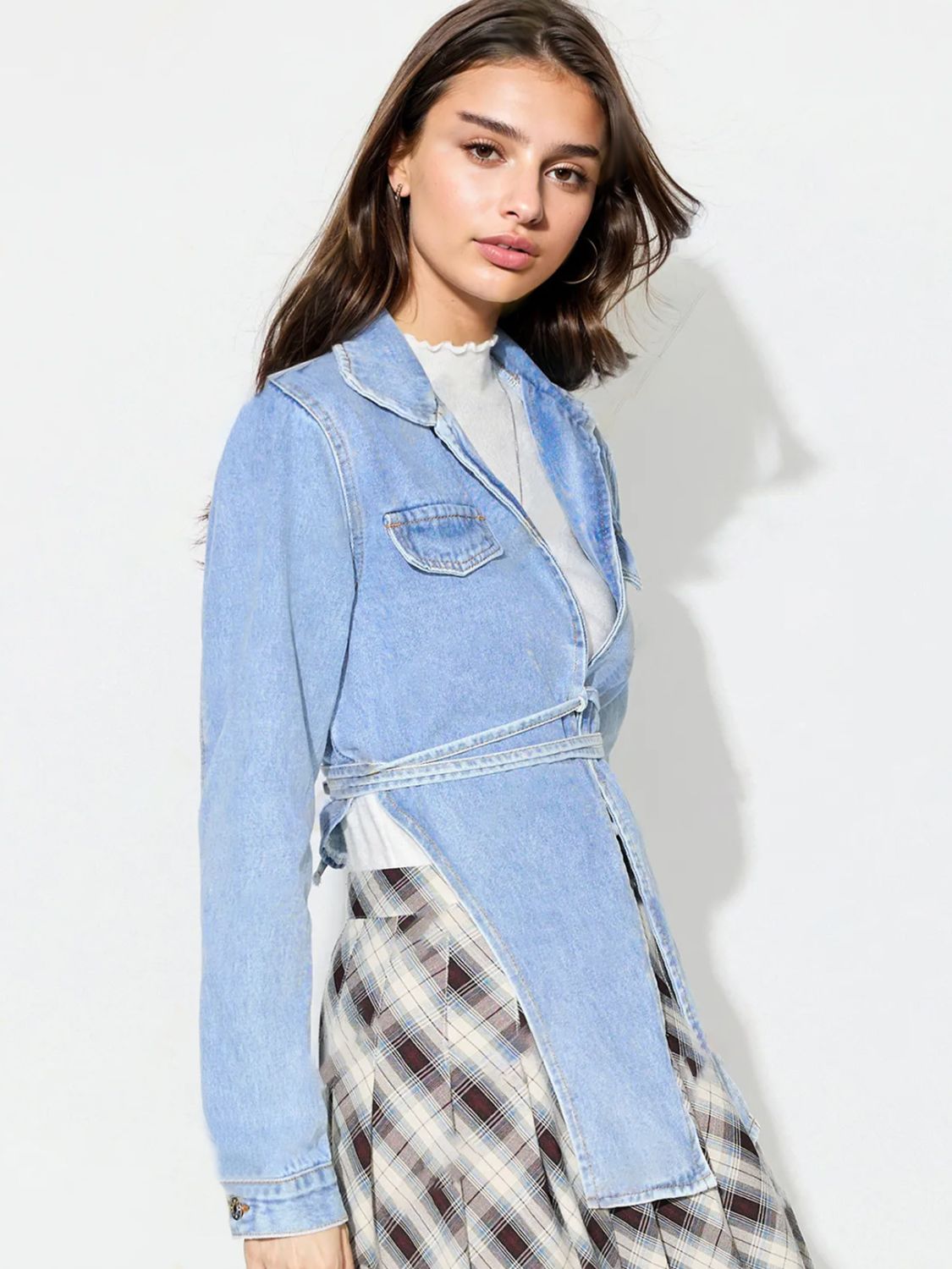 Asymmetric Slit Collared Neck Long Denim Top