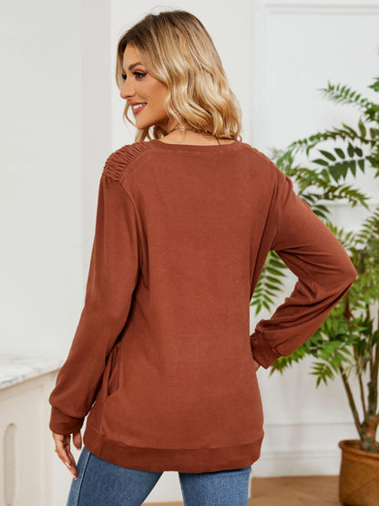 Ruched Shoulder Round Neck Long Sleeve Sweatshirt