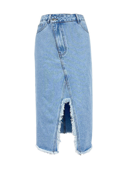 Raw Hem Slit Midi Denim Skirt