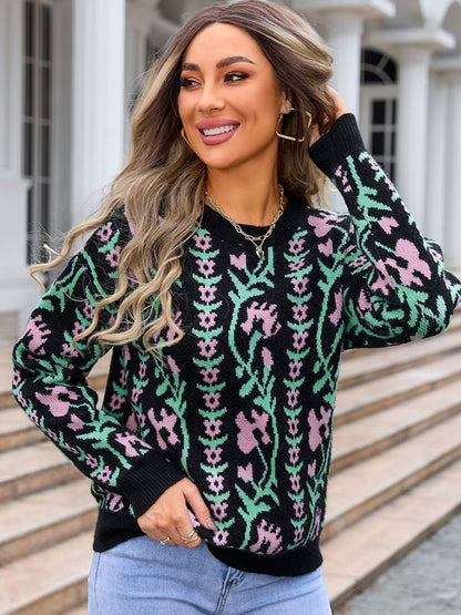 Flower Round Neck Long Sleeve Sweater