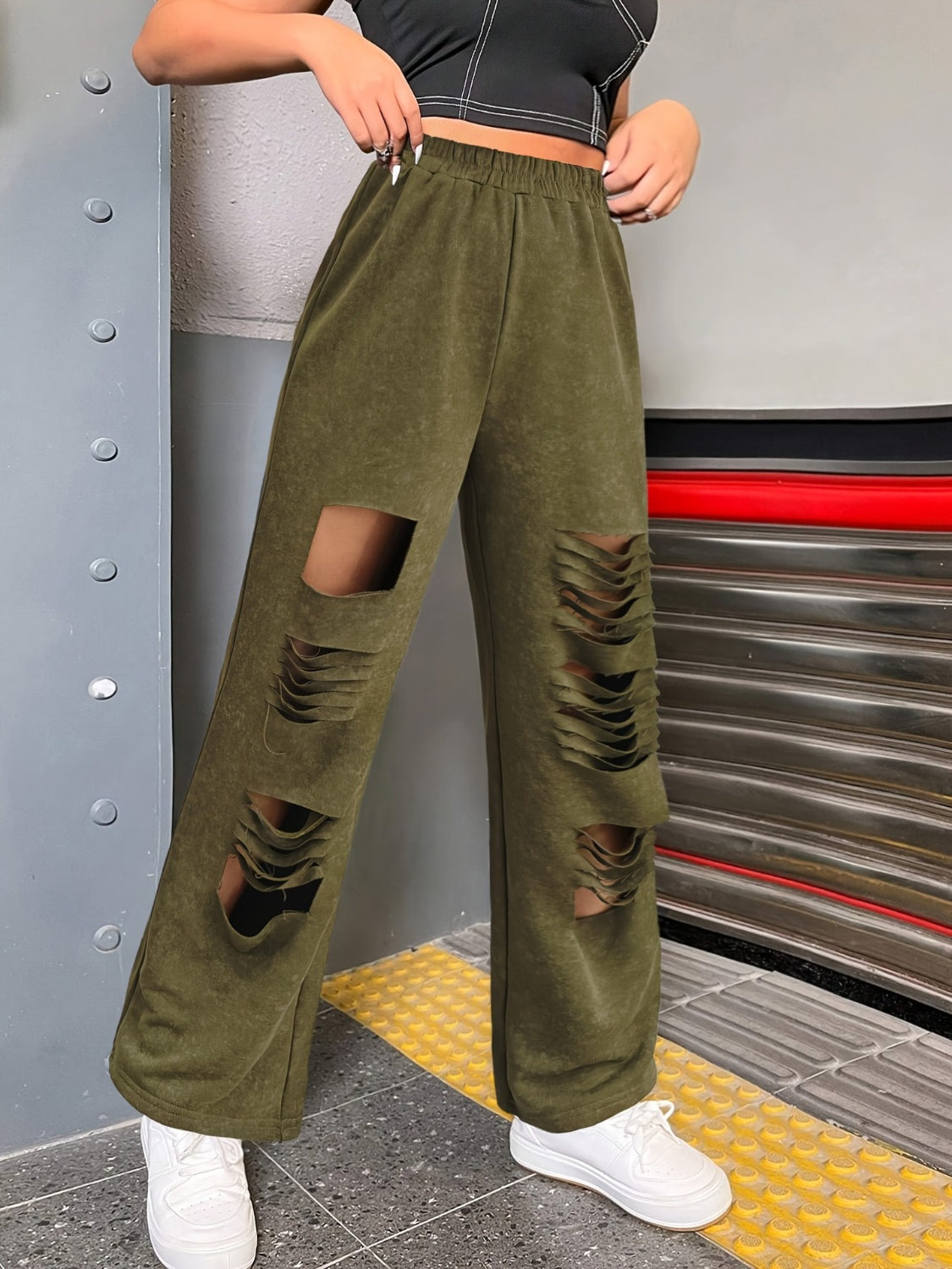 Distressed Elastic Waist Straight Leg Pants