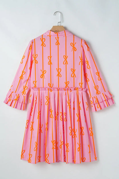 Ruffled Bow Printed Three-Quarter Sleeve Shirt Dress