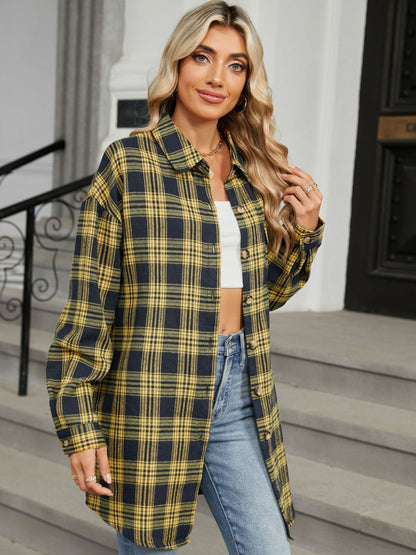 Plaid Collared Neck Long Sleeve Shirt