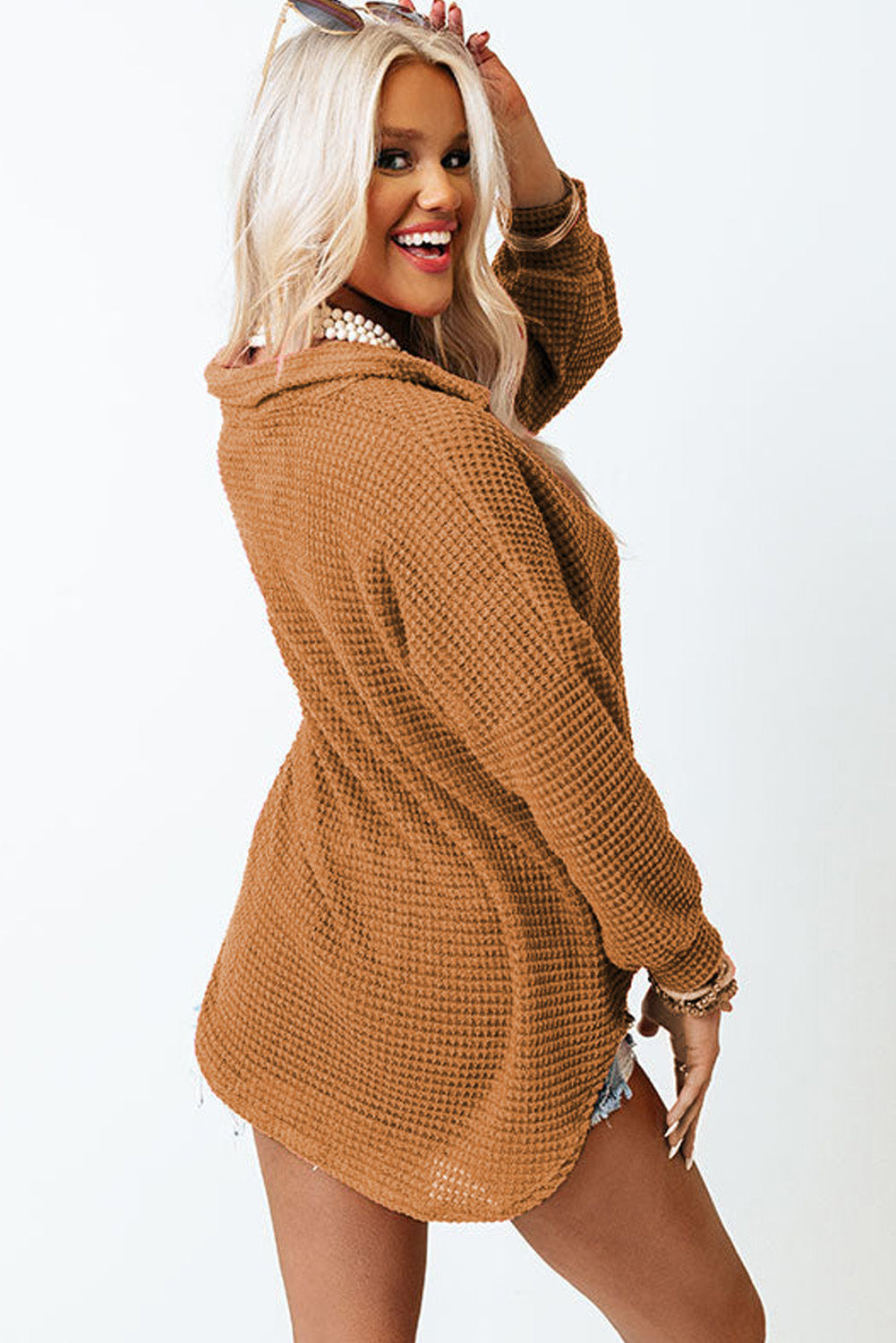 Waffle-Knit Collared Neck Long Sleeve Shirt