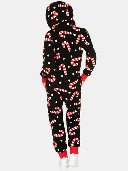 Printed Zip Up Long Sleeve Hooded Jumpsuit