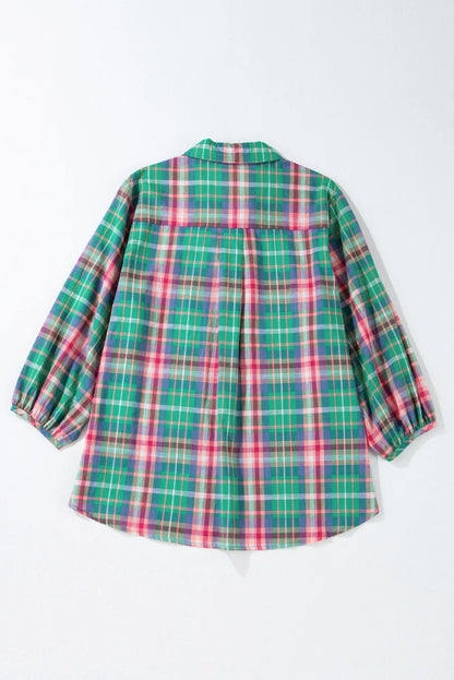 Plaid Collared Neck Three-Quarter Sleeve Blouse