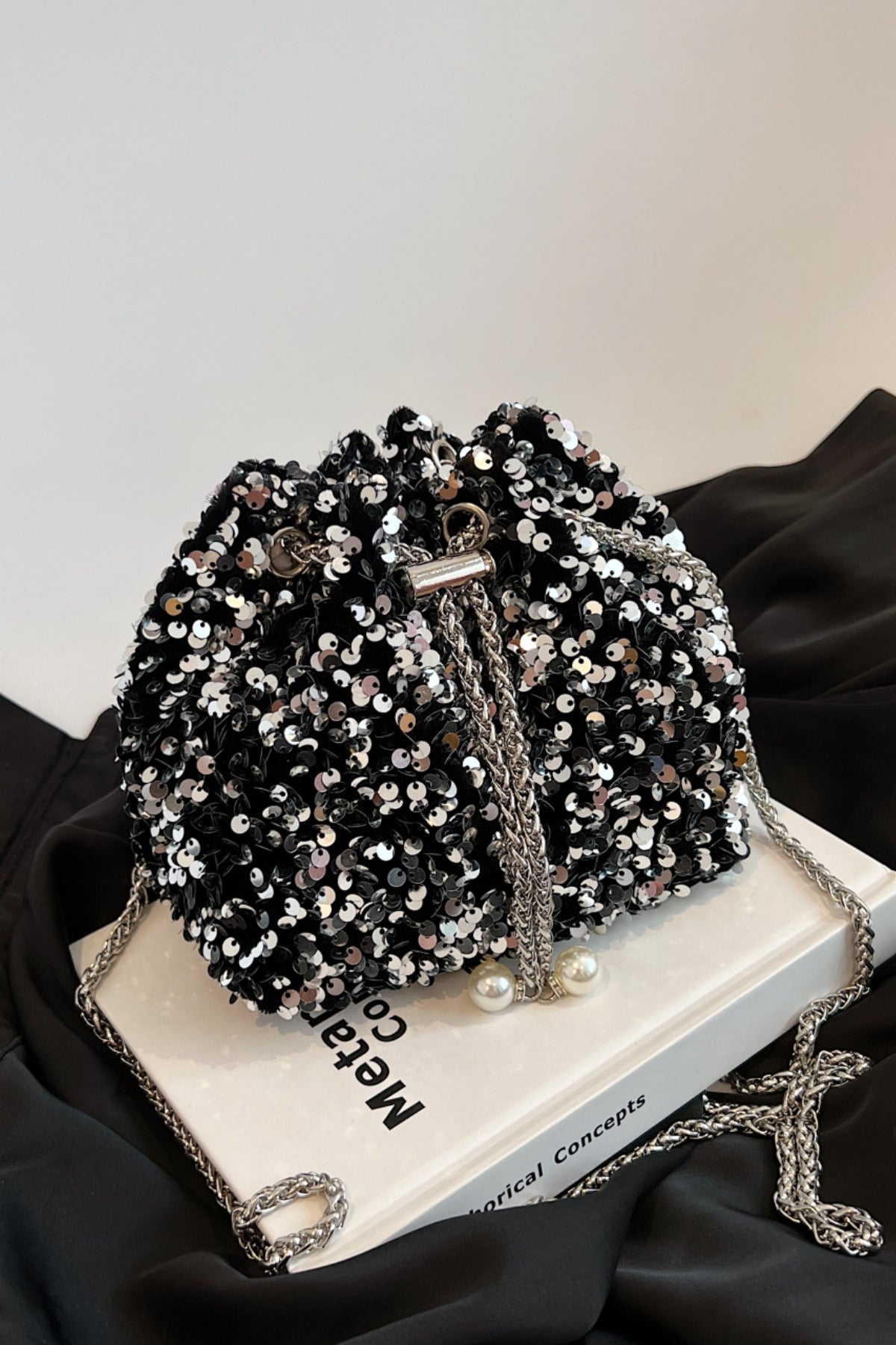 Sequin Chain Drawstring Bucket Bag