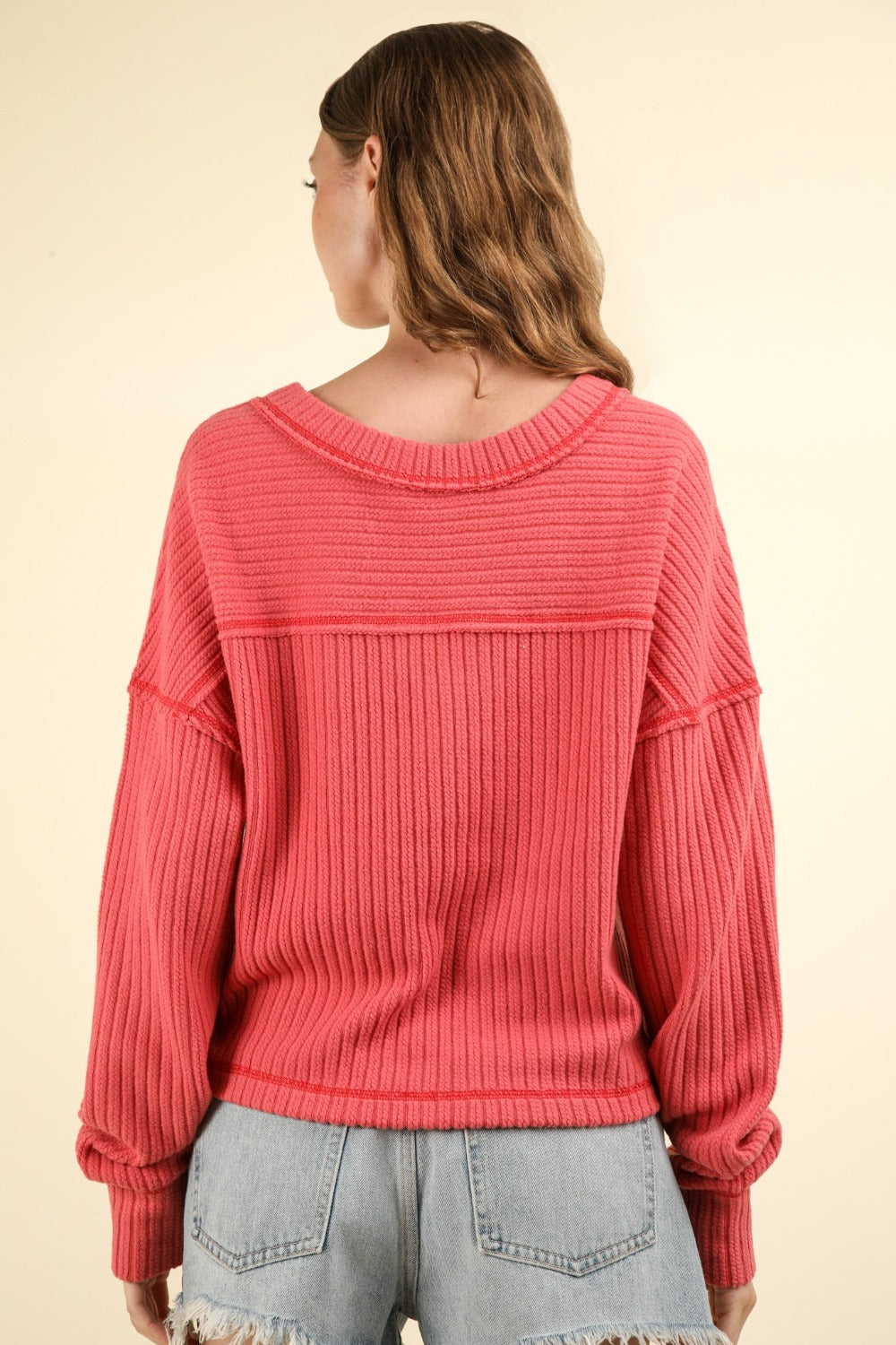 VERY J Exposed Seam V-Neck Ribbed Knit Top