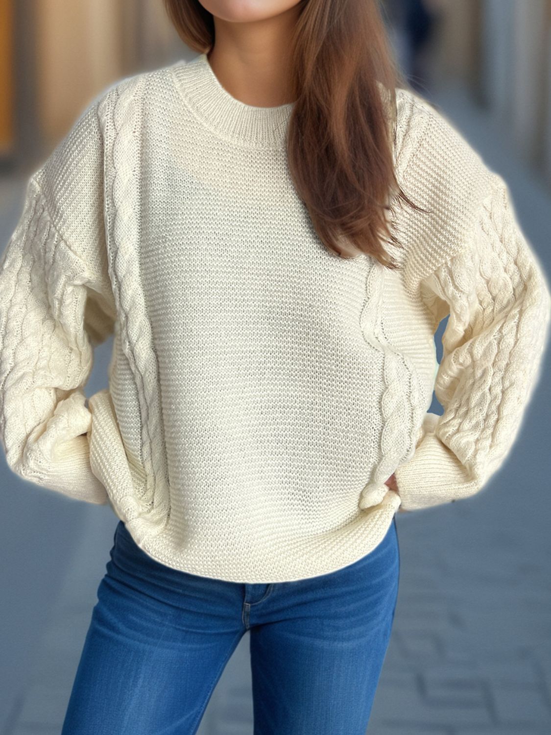 Cable-Knit Round Neck Long Sleeve Sweater