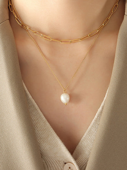 Freshwater Pearl Titanium Steel Double-Layered Necklace