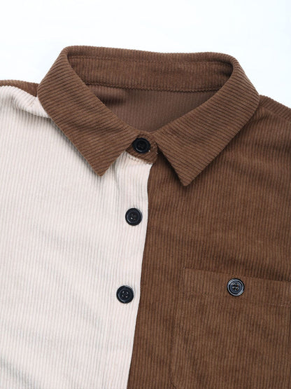 Perfee Pocketed Contrast Collared Neck Long Sleeve Shirt