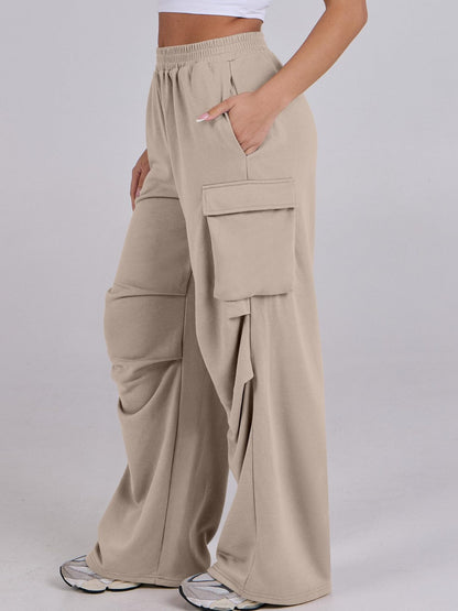 Elastic Waist Wide Leg Pants with Pockets