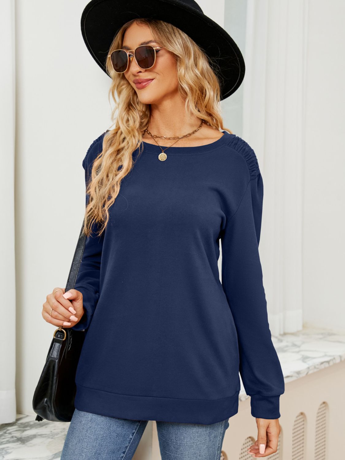 Ruched Shoulder Round Neck Long Sleeve Sweatshirt