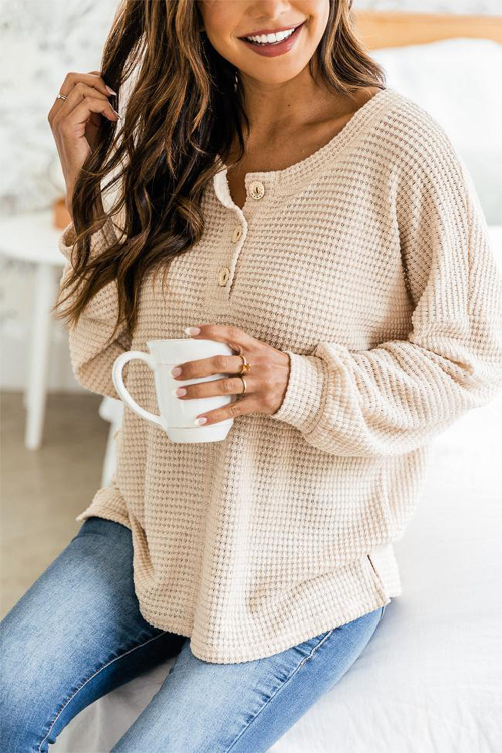 Slit Waffle Knit Long Sleeve T-Shirt