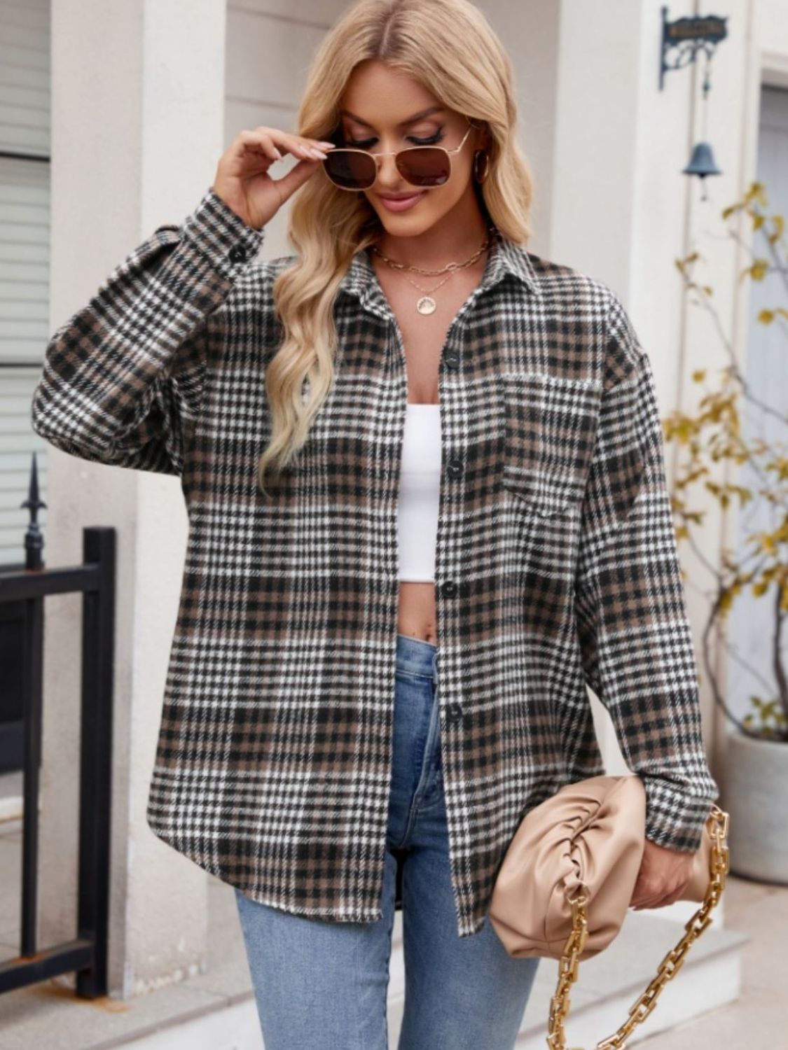 Pocketed Plaid Collared Neck Long Sleeve Shirt