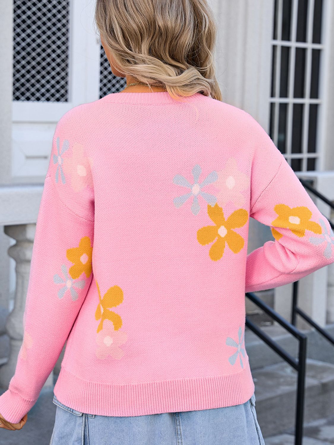 Flower Round Neck Dropped Shoulder Sweater