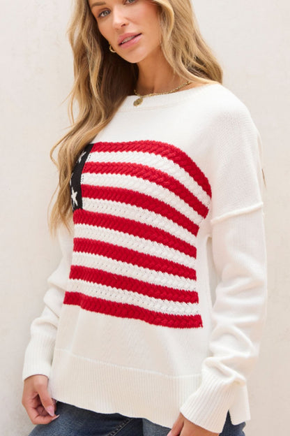 US Flag Side Slit Drop Shoulder Sweater