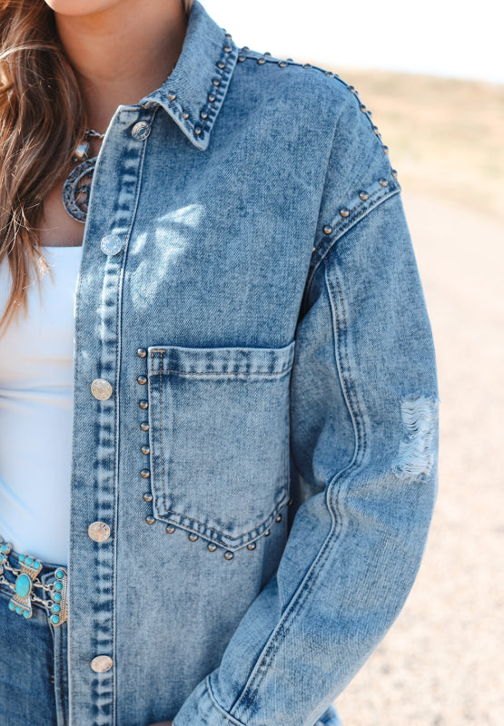 Studded Acid Wash Long Sleeve Denim Jacket