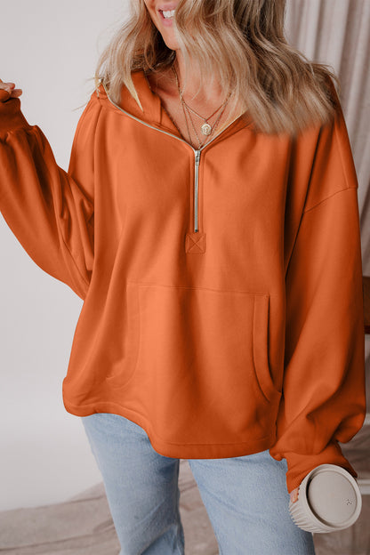 Pocketed Half Zip Dropped Shoulder Hoodie