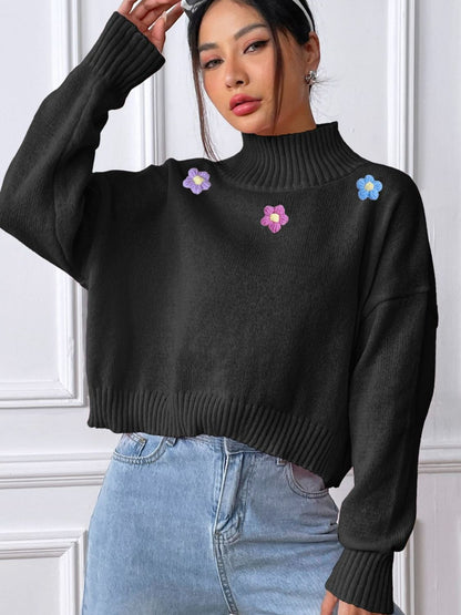 Flower Turtleneck Long Sleeve Sweater