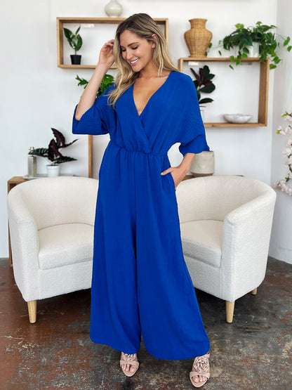 Double Take Full Size Half Sleeve Wide Leg Jumpsuit