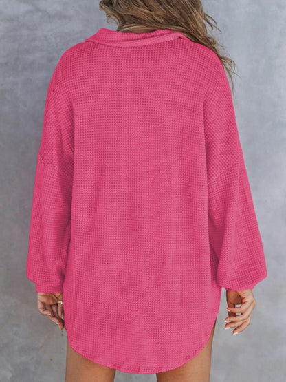 Waffle-Knit Dropped Shoulder Long Sleeve Sweatshirt