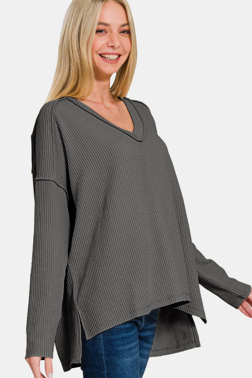 Zenana Texture Exposed Seam V-Neck Long Sleeve T-Shirt