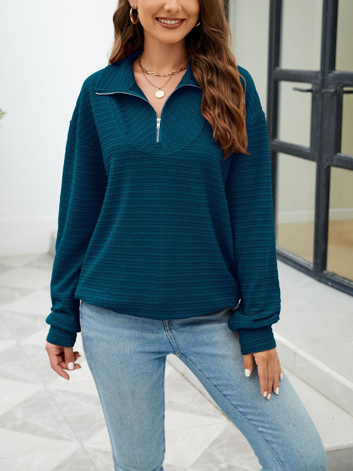 Textured Quarter Zip Long Sleeve Sweatshirt