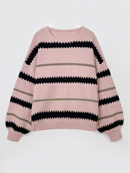 Contrast Striped Round Neck Long Sleeve Sweater