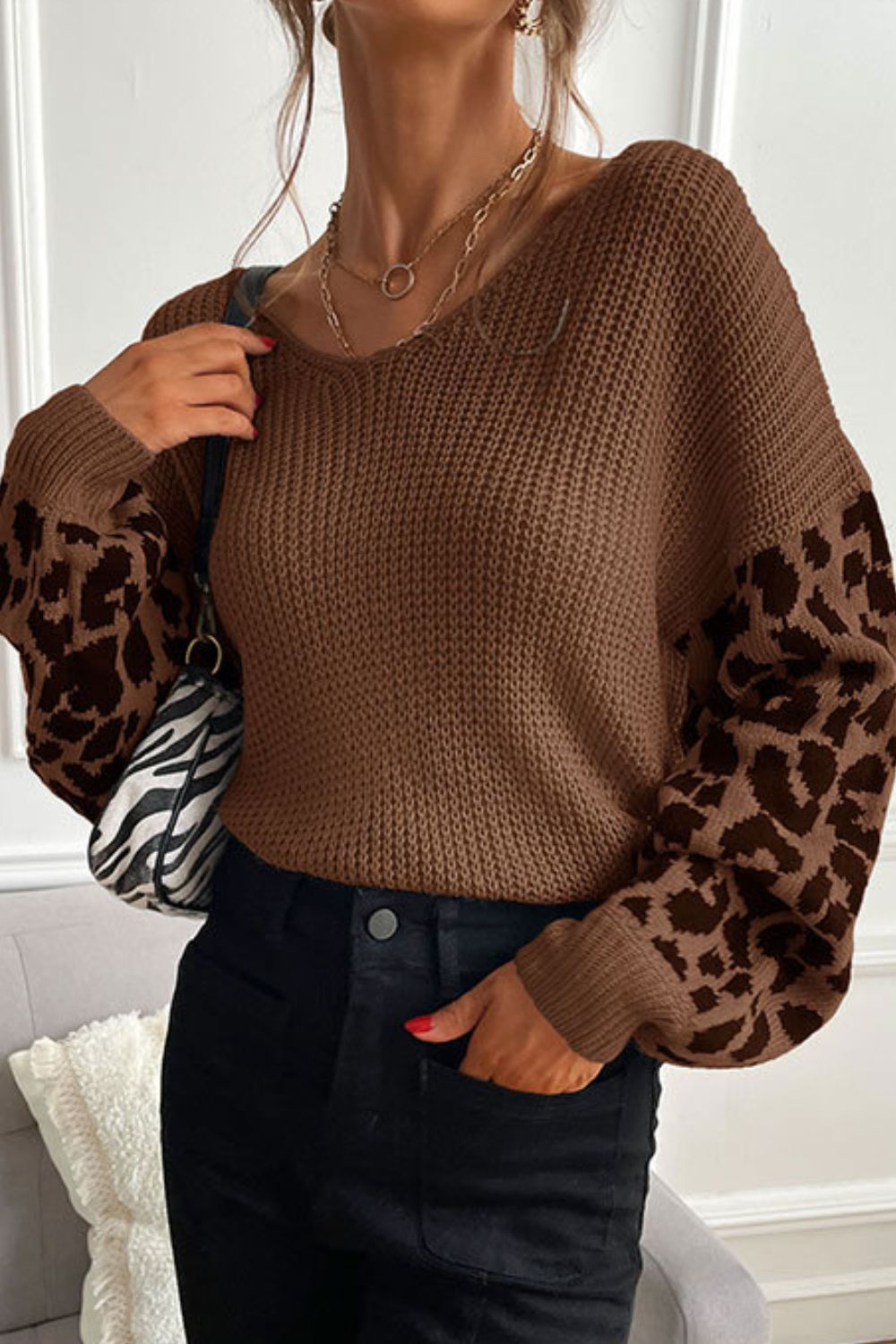 Perfee Leopard Sleeve Dropped Shoulder Sweater