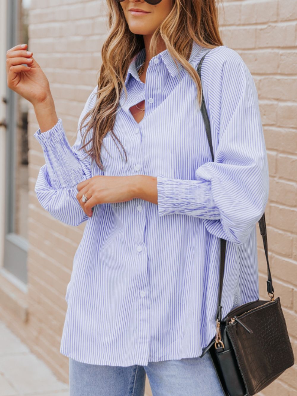 Striped Collared Neck Lantern Sleeve Shirt