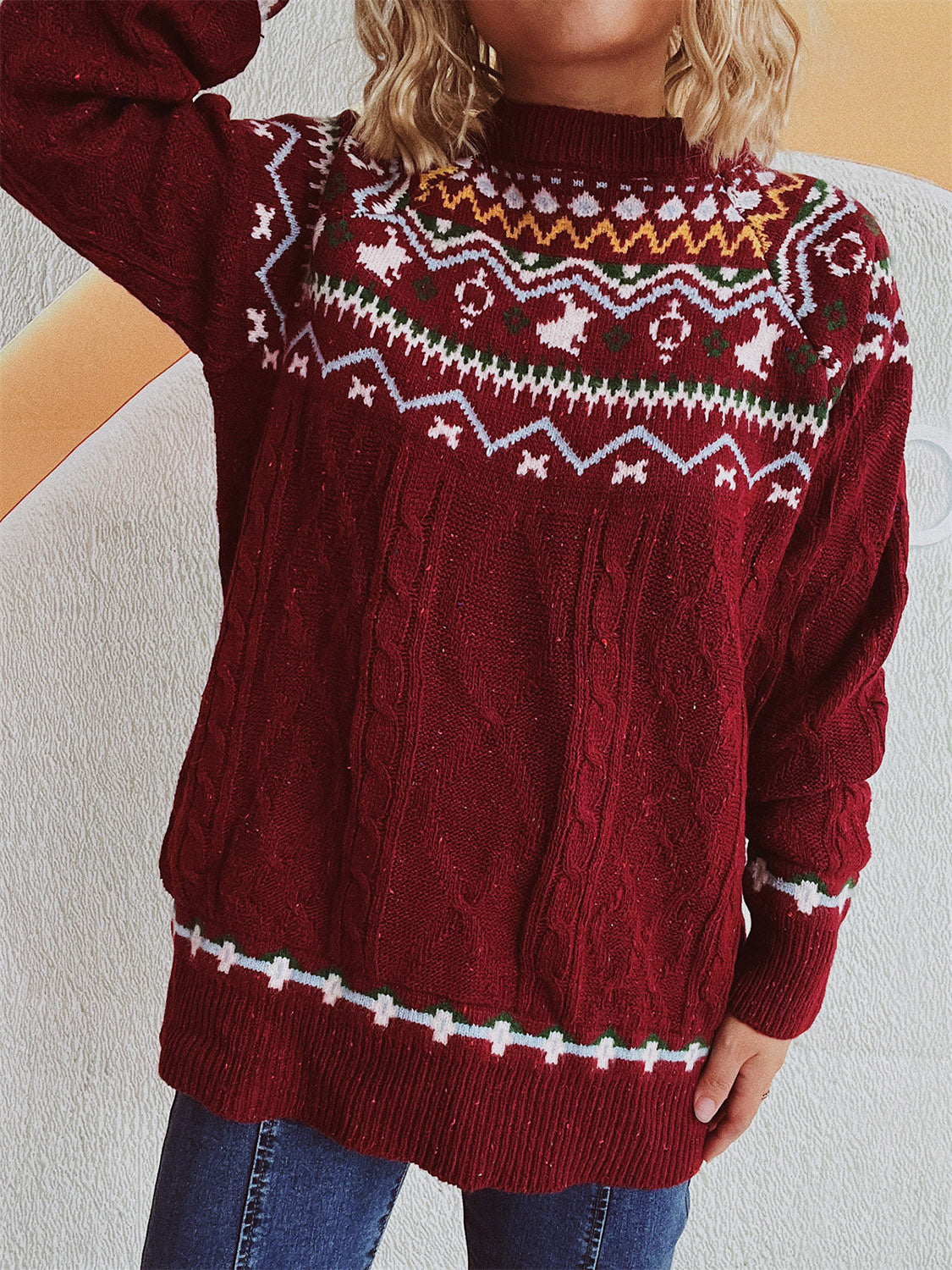 Cable-Knit Mock Neck Long Sleeve Sweater