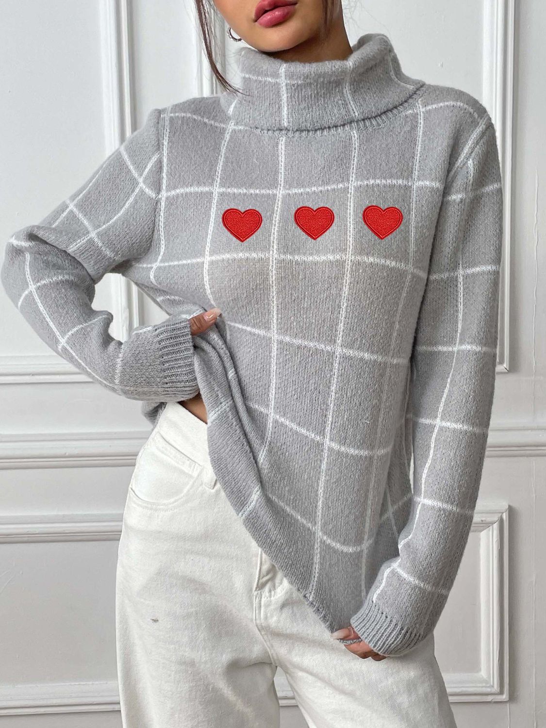 Heart Plaid Turtleneck Long Sleeve Sweater