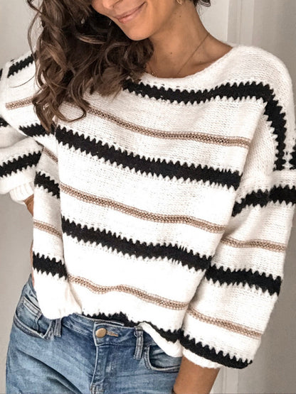 Contrast Striped Round Neck Long Sleeve Sweater