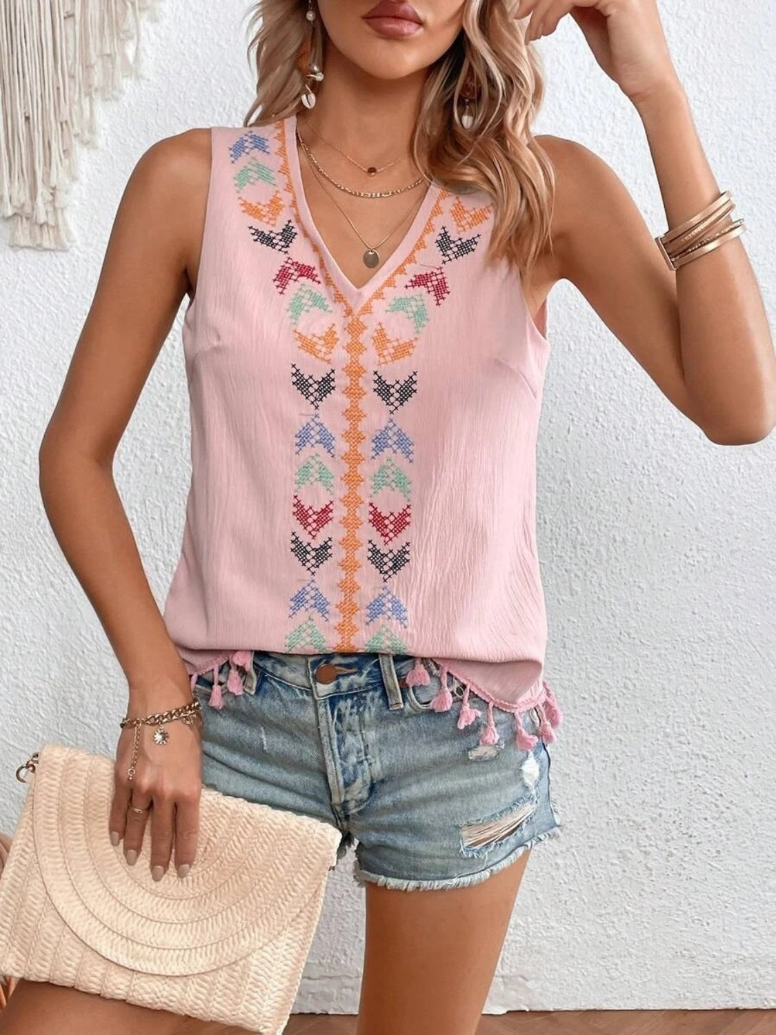 Tassel Printed V-Neck Tank