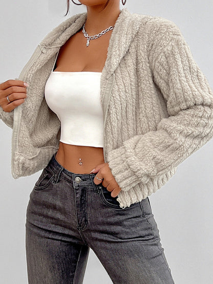 Zip Up Long Sleeve Fuzzy Hooded Jacket