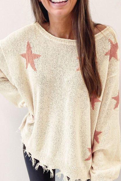 Contrast Star Raw Hem Long Sleeve Knit Top