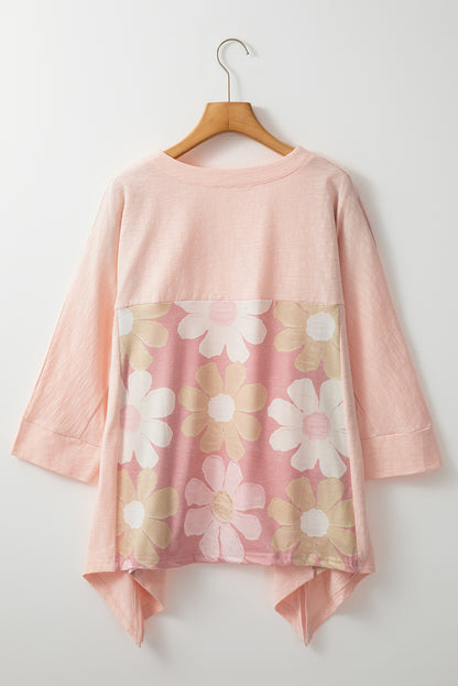 Slit Floral V-Neck Three-Quarter Sleeve Blouse