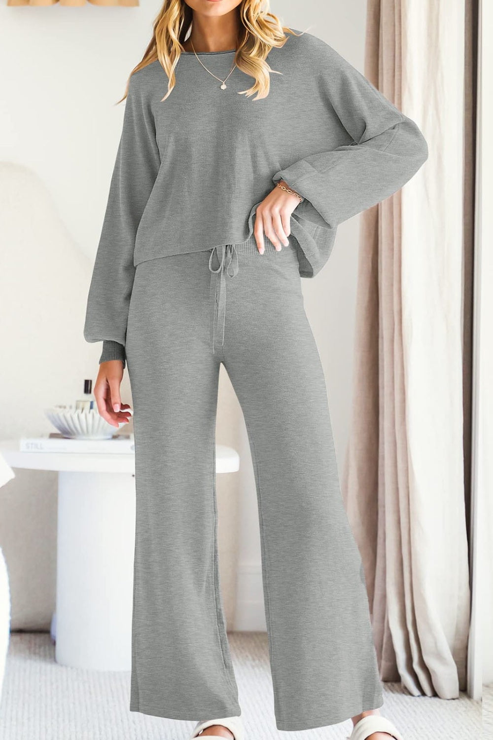 Round Neck Long Sleeve Top and Pants Set