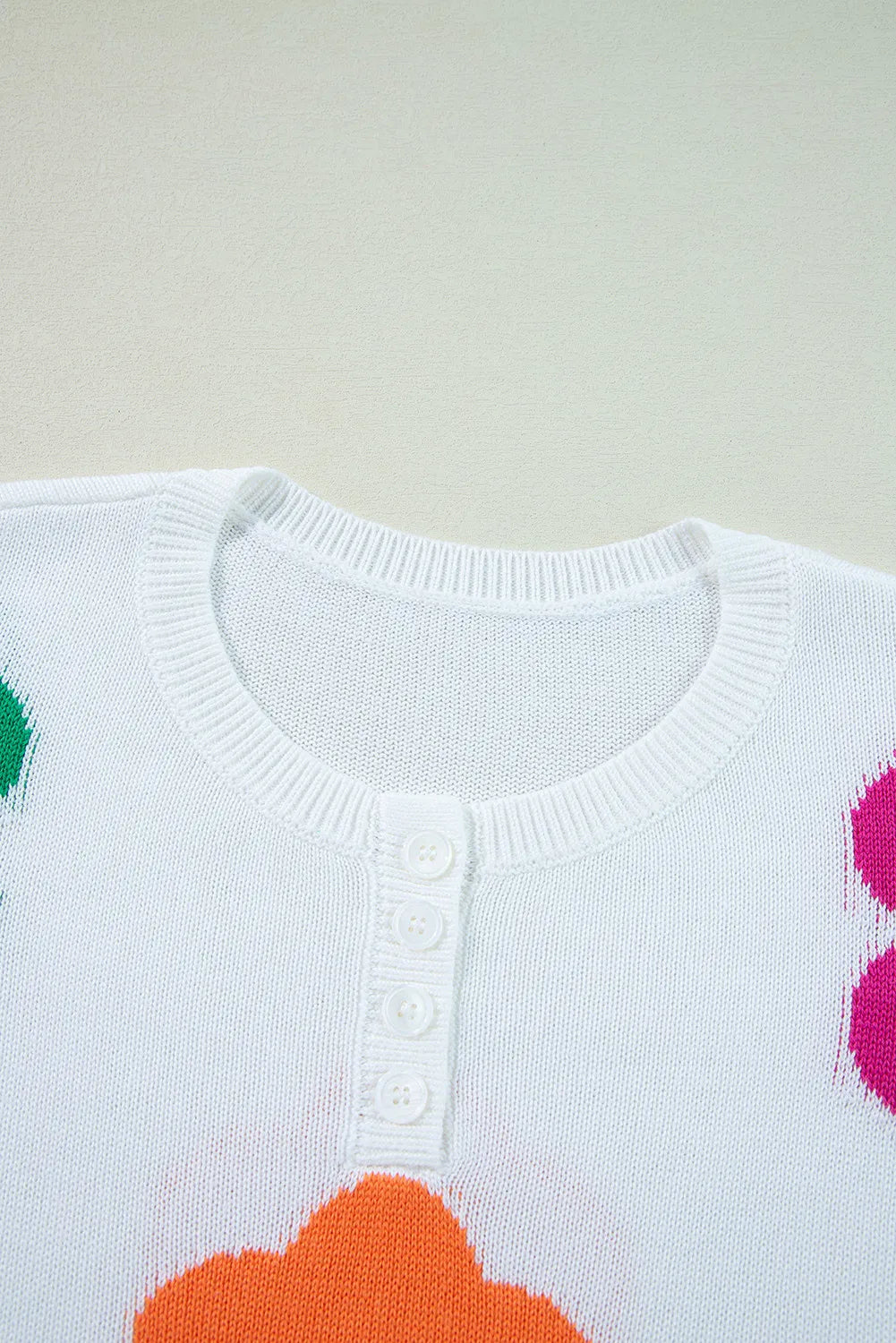 Flower Round Neck Quarter Button Knit Top