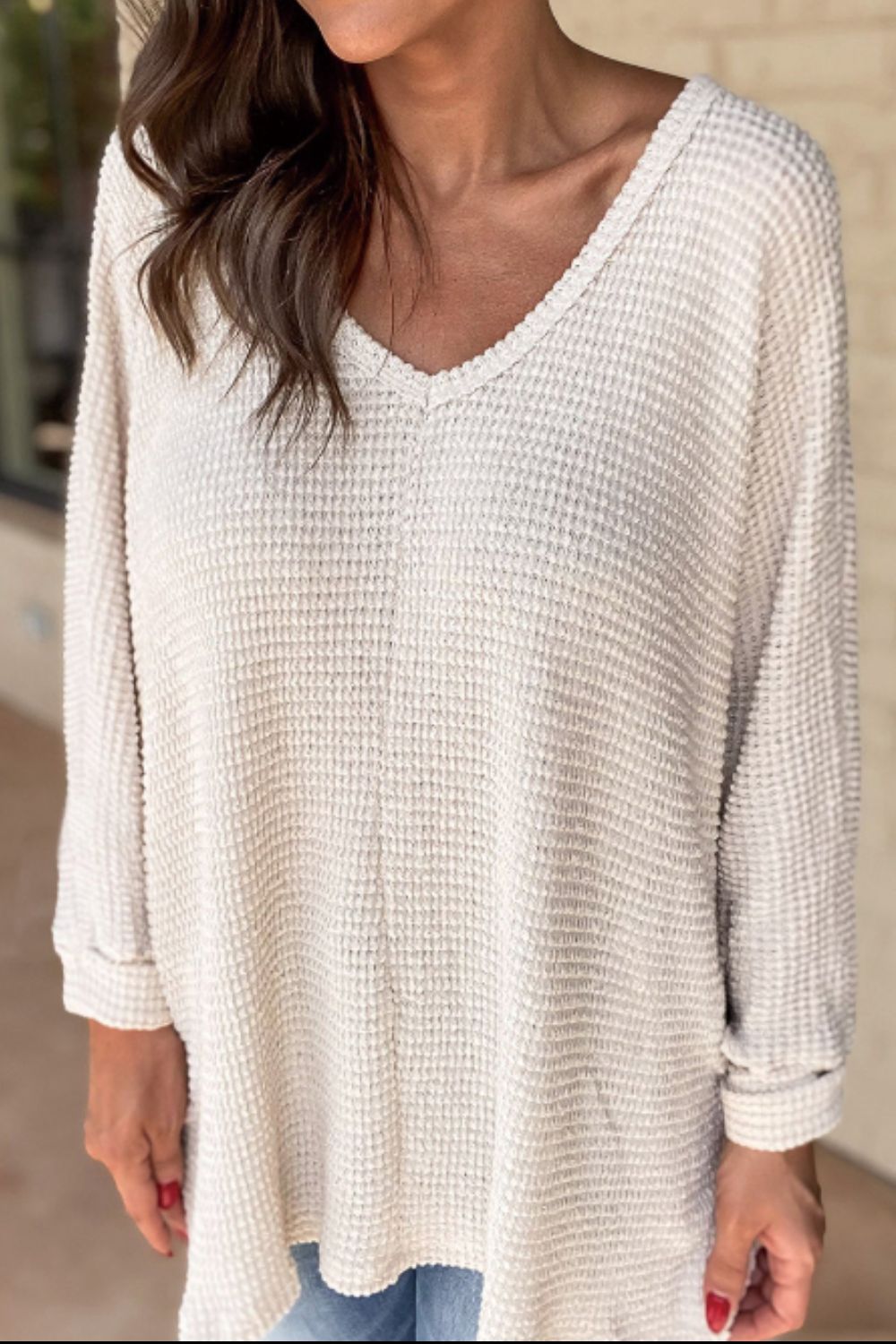 Side Slit V-Neck Long Sleeve Top