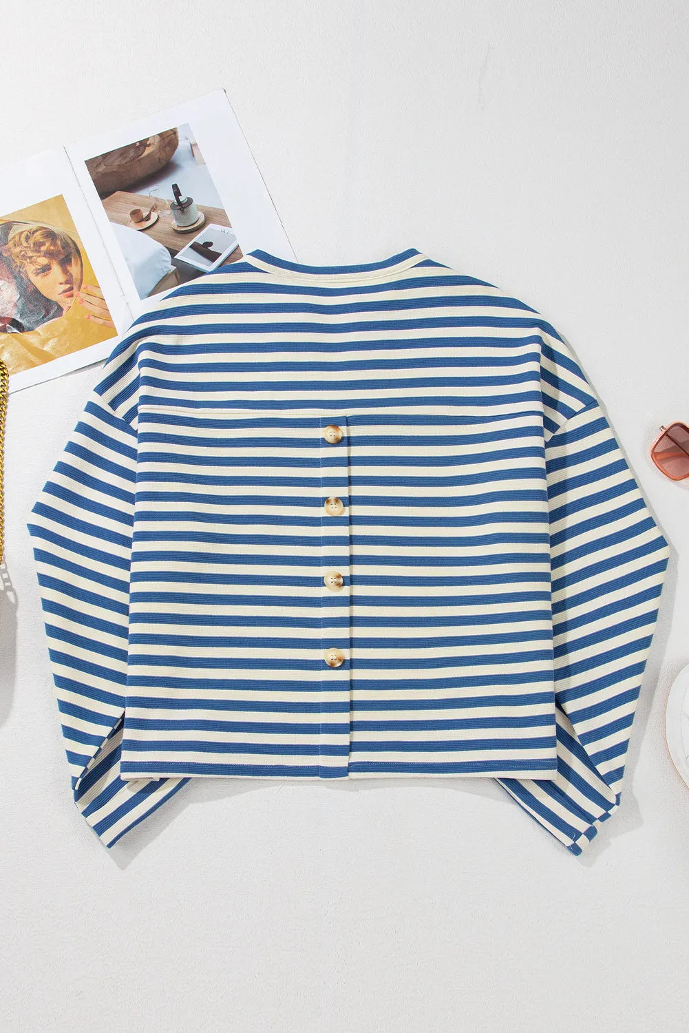 Striped Notched Long Sleeve Top