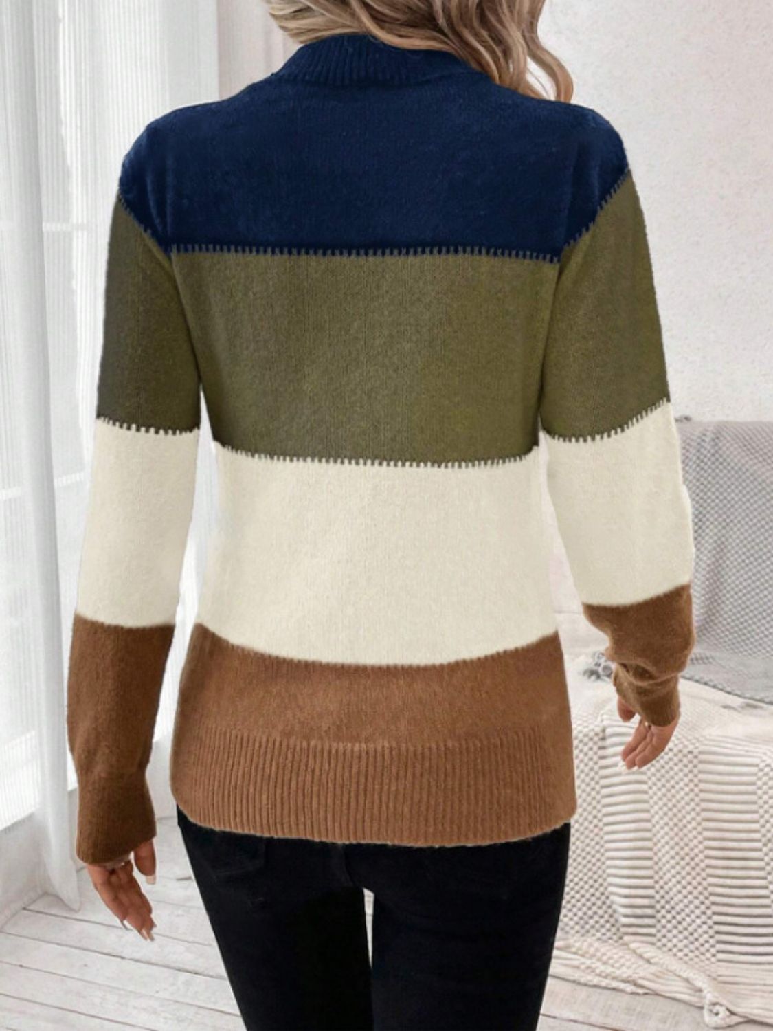 Color Block Mock Neck Long Sleeve Sweater