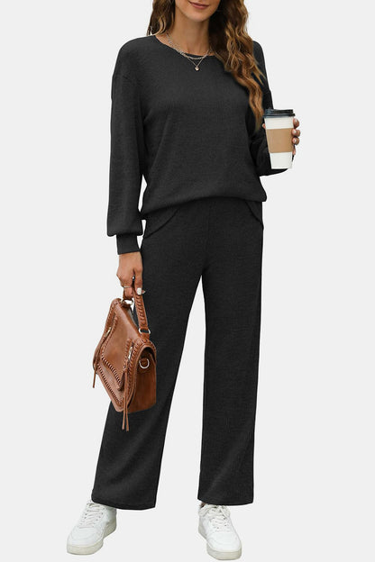 Round Neck Long Sleeve Top and Pants Set