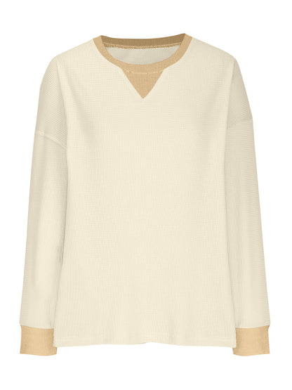 Waffle Knit Round Neck Long Sleeve T-Shirt