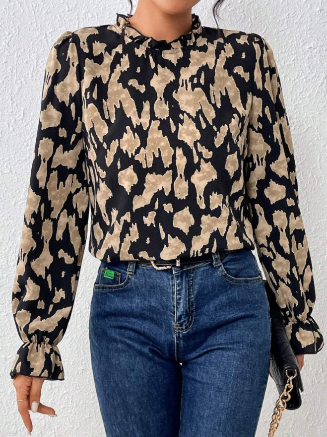 Frill Leopard Mock Neck Flounce Sleeve Blouse