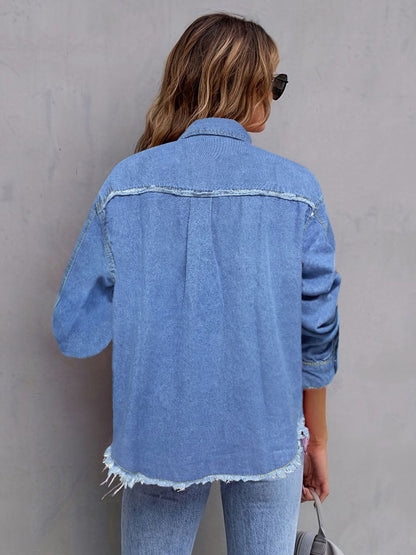 Pocketed Collared Neck Long Sleeve Denim Shirt