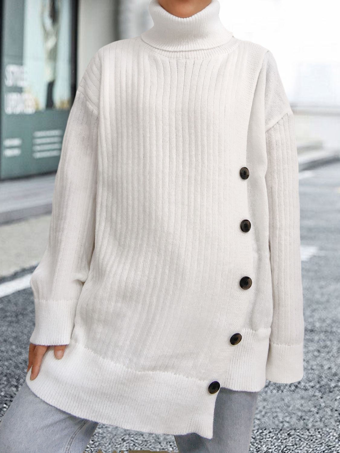 Turtleneck Dropped Shoulder Long Sleeve Sweater